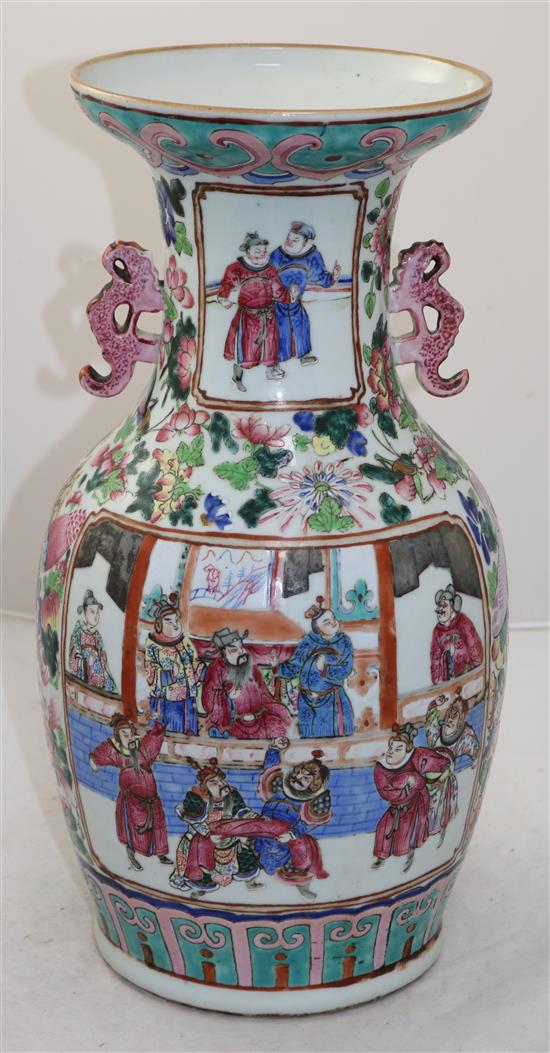 A Chinese Canton-decorated famille rose baluster vase, mid 19th century, 42.5cm, body crack